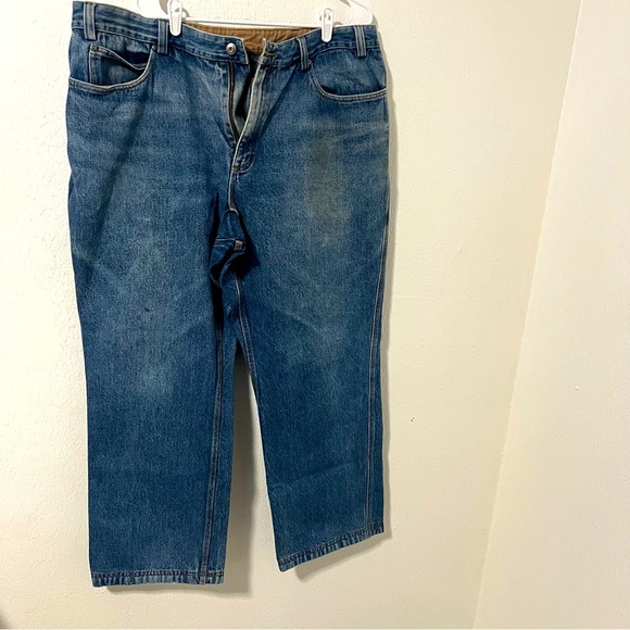 Duluth Trading Co Men's Size 44x32 Blue/Tan Inner Lining Relaxed Jeans Work - Picture 1 of 8